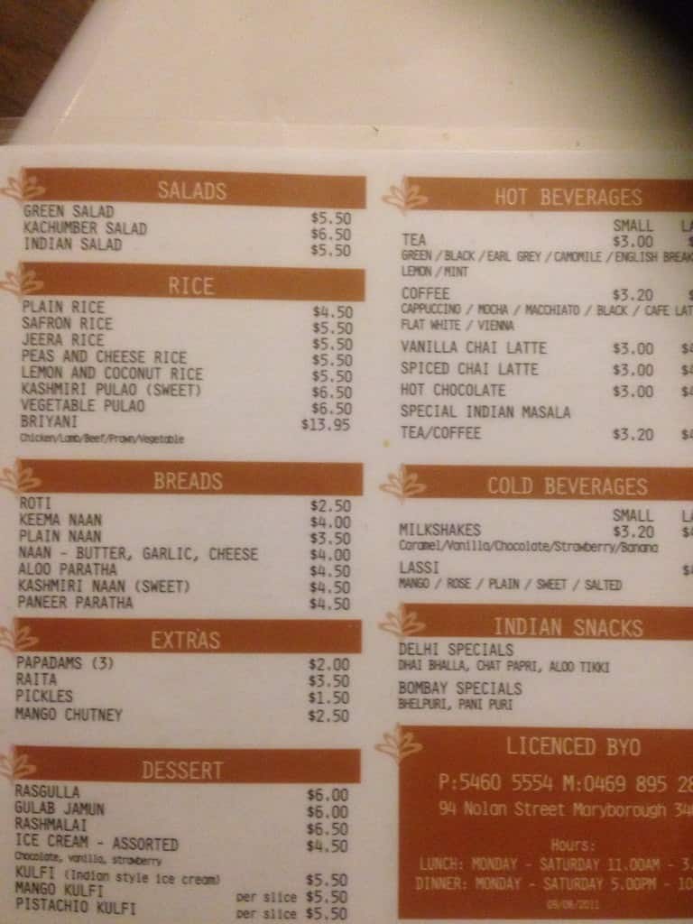 Desert Rummy Menu at Rammy Dessert Indian Restaurant, Maryborough
