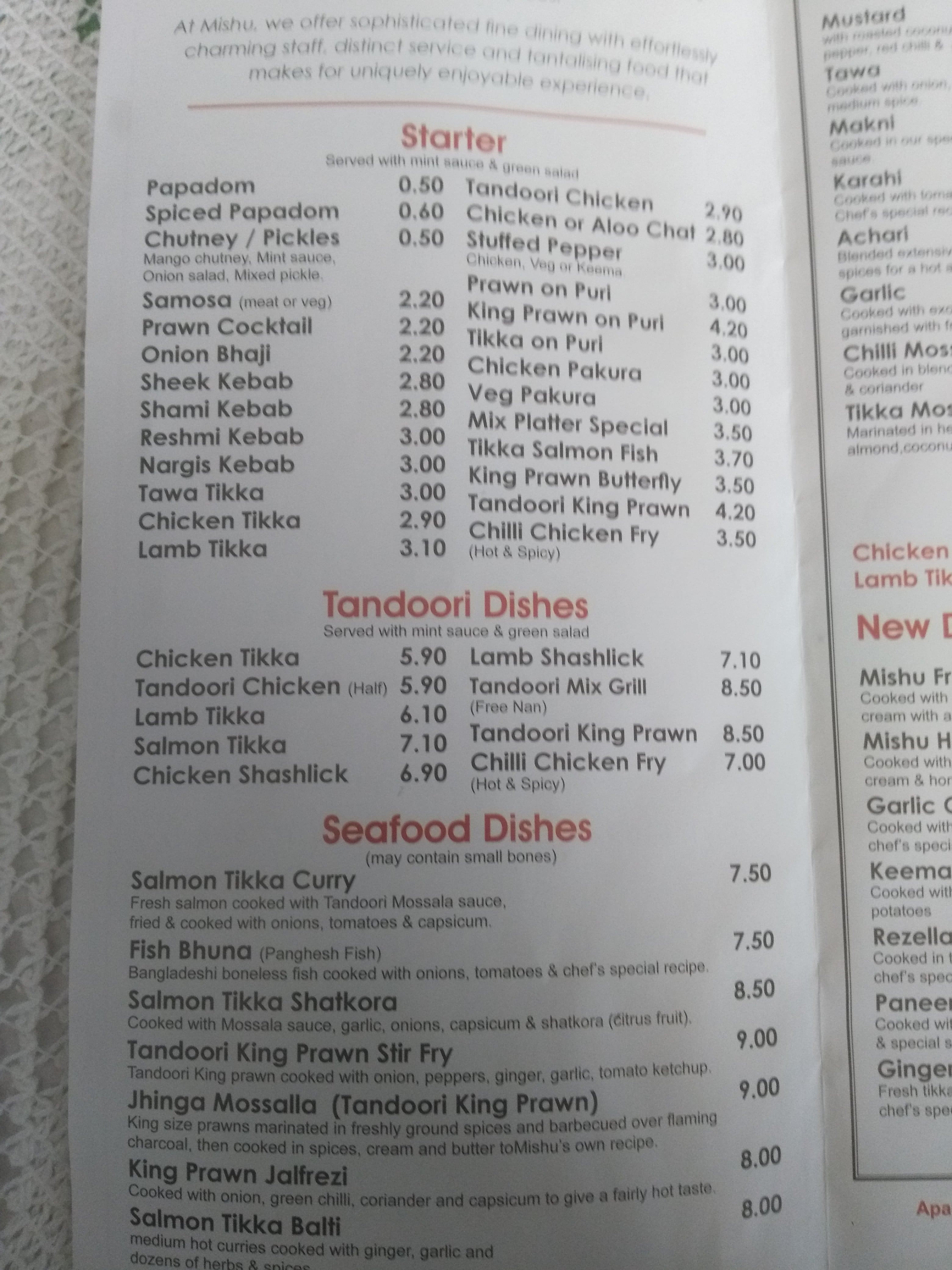 Menu at Mishu Tandoori Balti Restaurant & Takeaway, Telford
