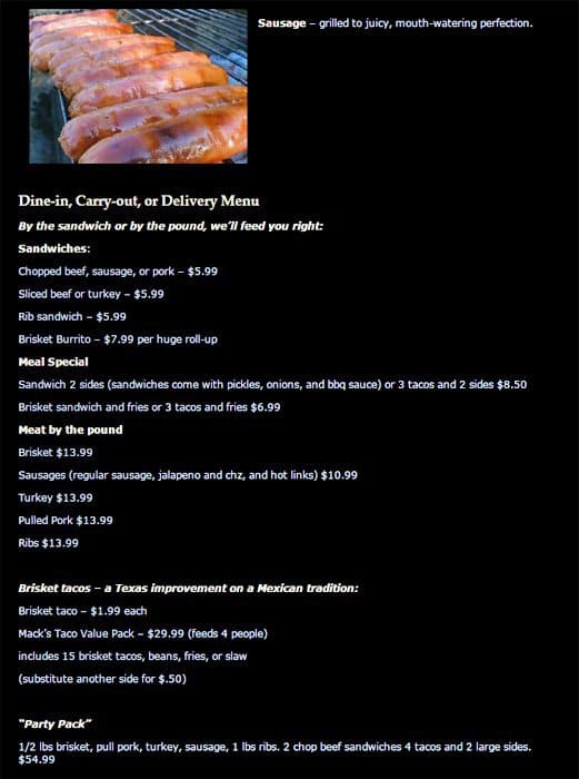 Menu at Macks BBQ, Fate