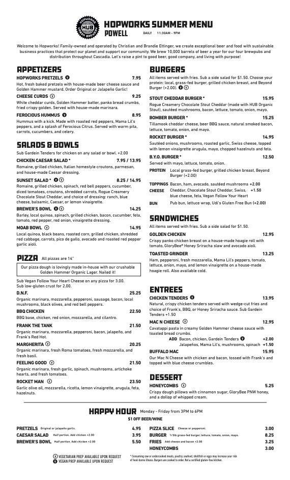 Menu at Hopworks Urban Brewery pizzeria, Portland, SE Powell Blvd