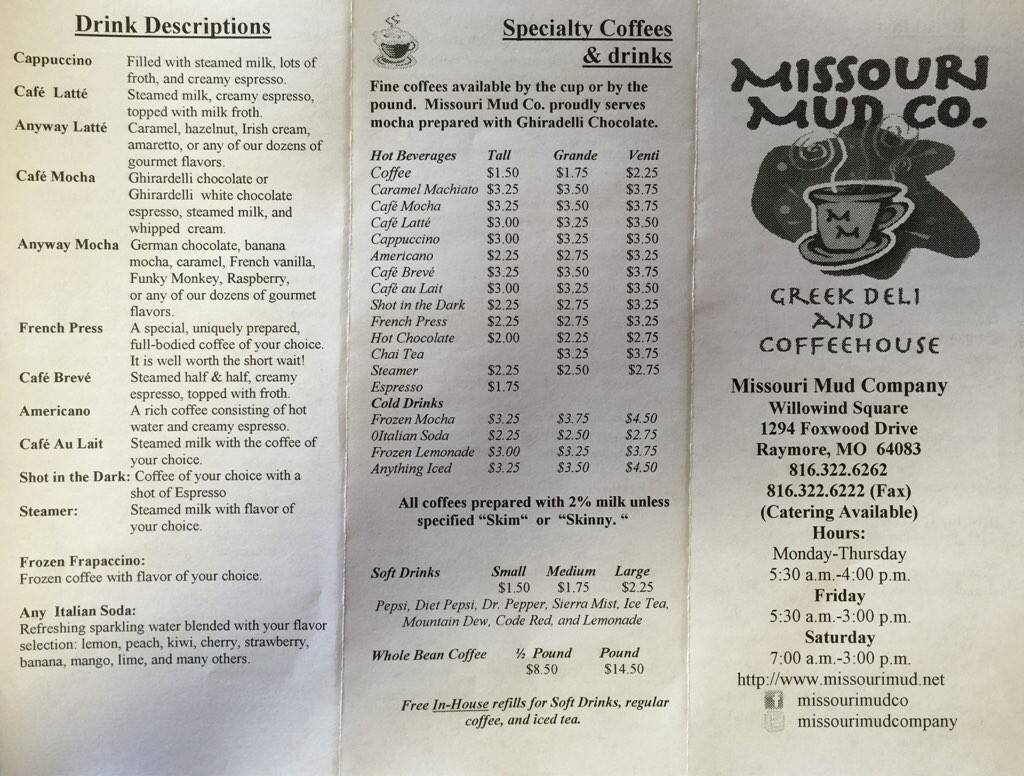 Menu at Missouri Mud Co restaurant, Raymore