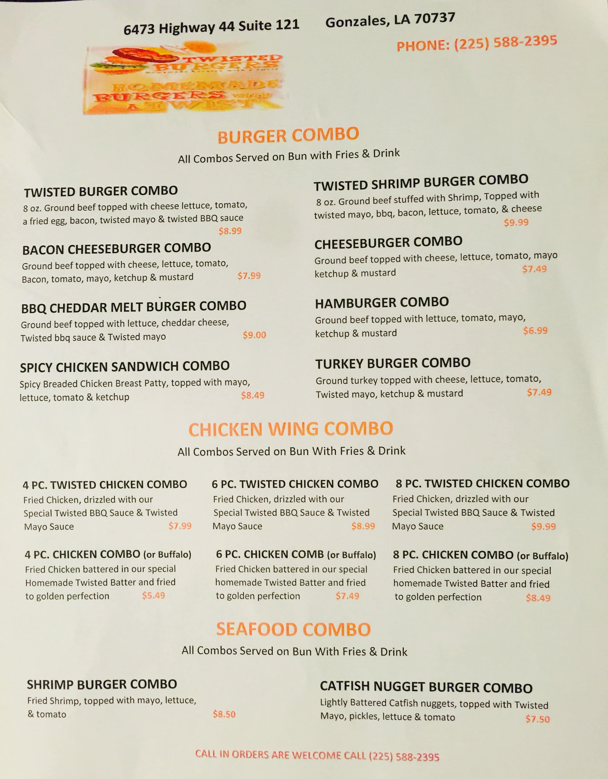 Menu at Twisted Burgers restaurant, Gonzales