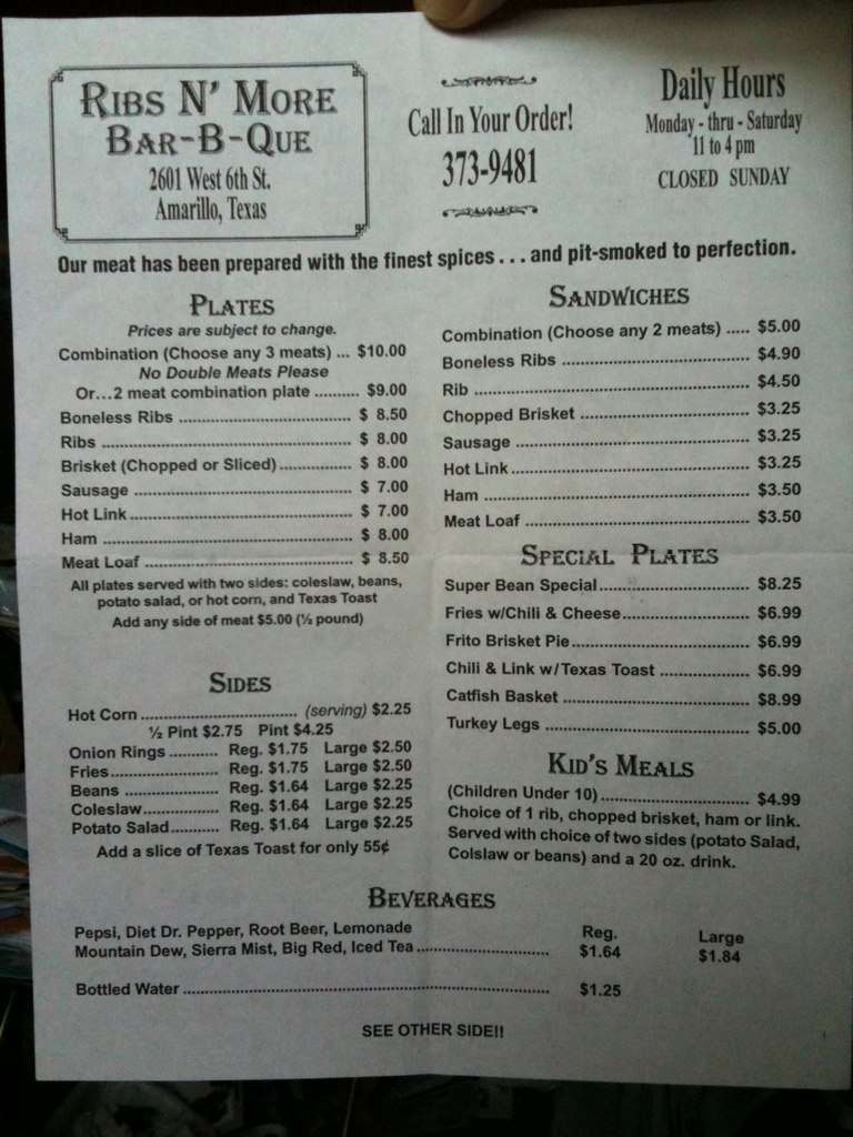 Ribs N' More Menu, Menu for Ribs N' More, Amarillo, Amarillo