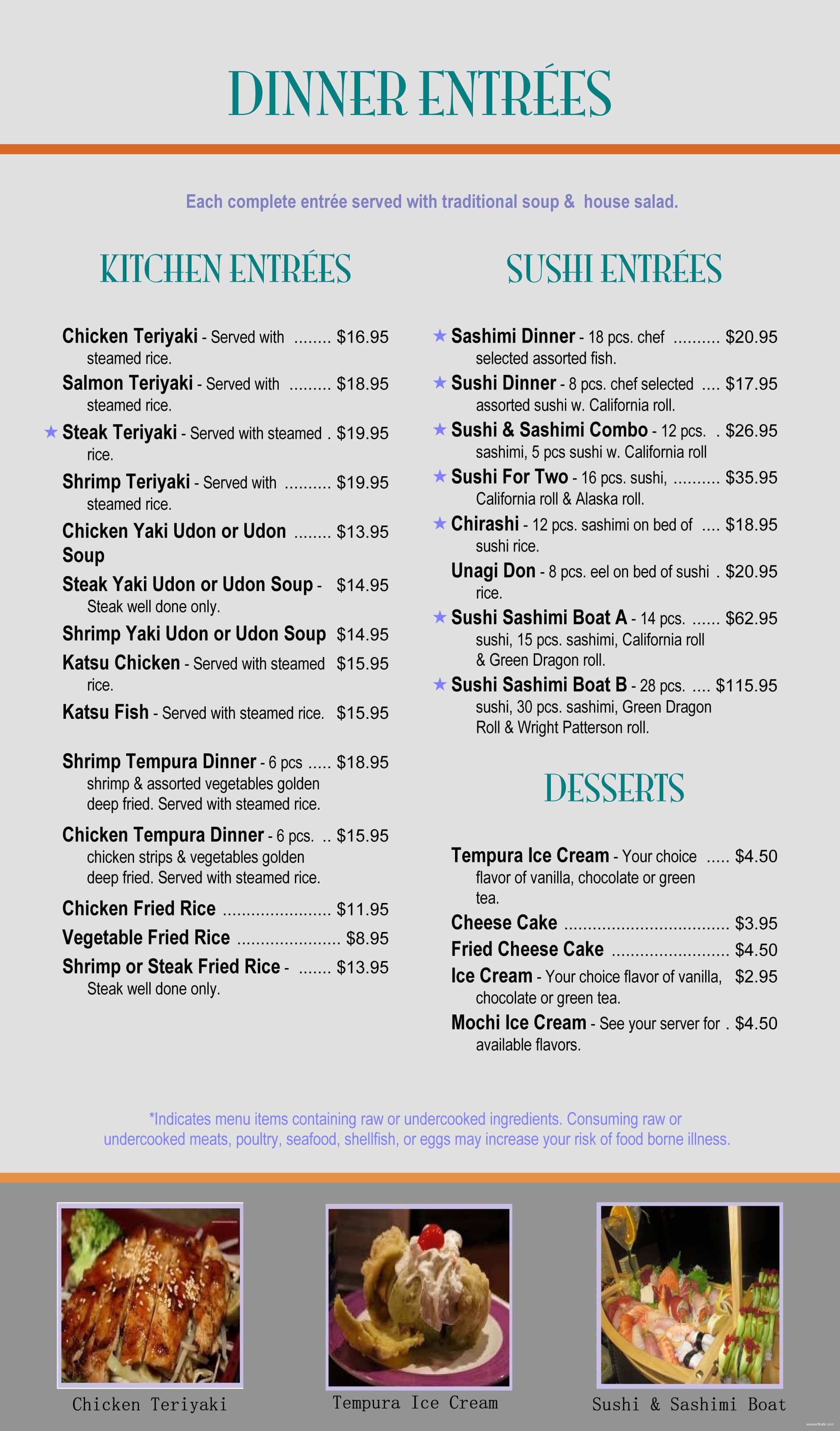 Menu at Osaka Japanese Steakhouse, Beavercreek