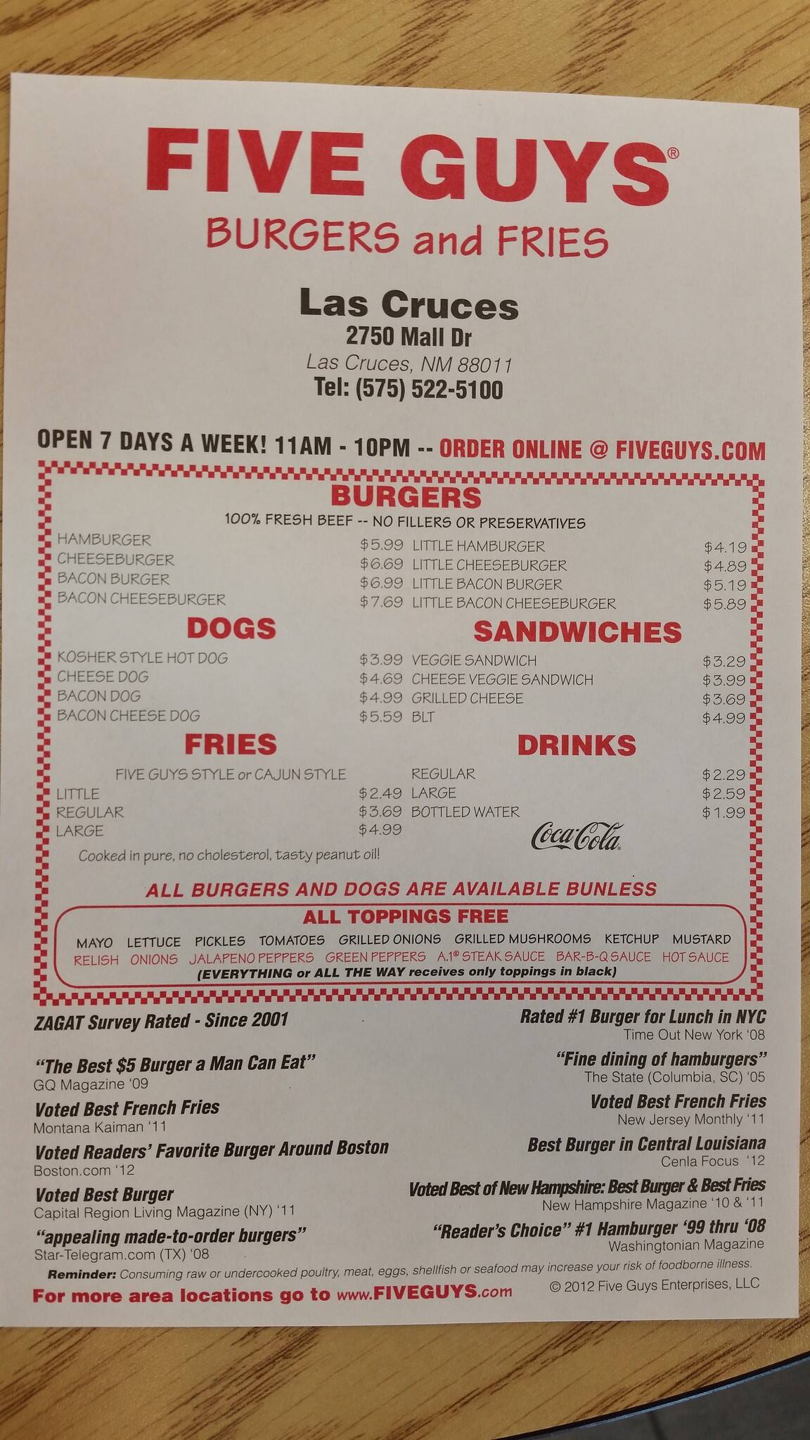 Menu At Five Guys Fast Food Las Cruces Mall Dr 320 Menu At Five Guys Fast Food Las Cruces Mall Dr 320