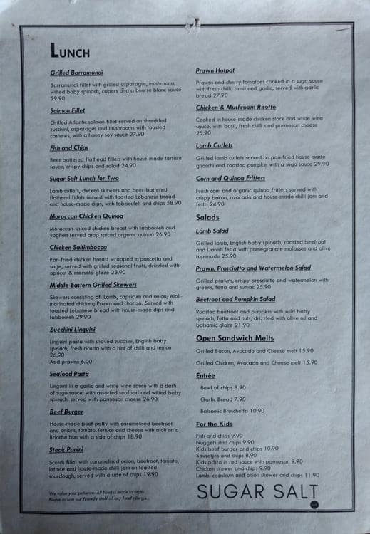 Menu at Sugar Salt Cafe, Galston, 344 Galston Rd