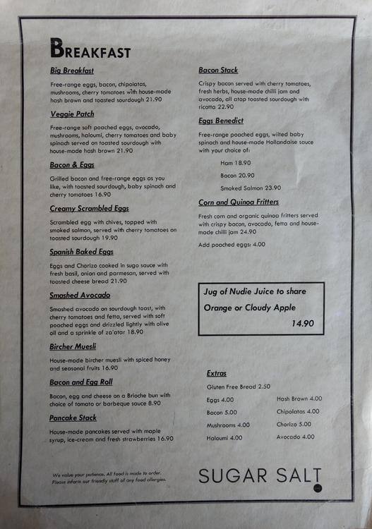 Menu at Sugar Salt Cafe, Galston, 344 Galston Rd