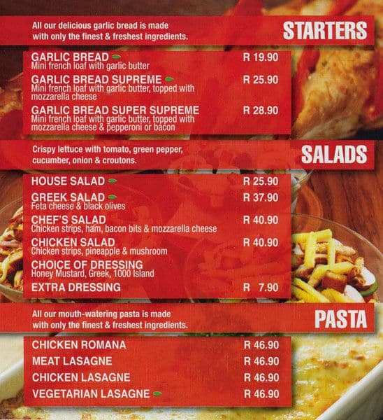 Romans pizza menu, menu for romans pizza, bloemfontein ...
