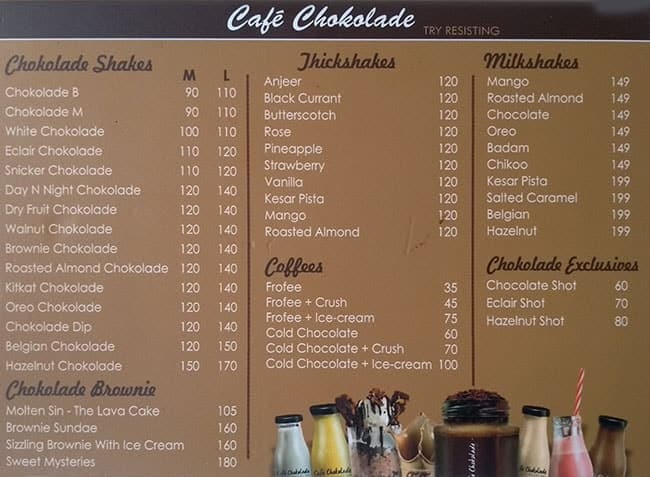 Menu at cafe chokolade, Mumbai, Thakur Village