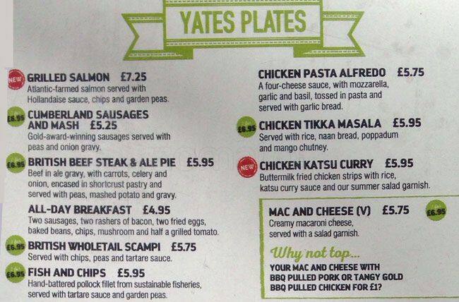 Yates - Romford menu