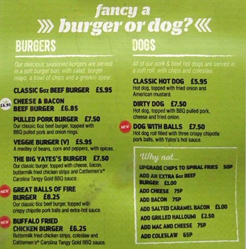 Yates - Romford menu