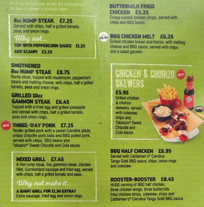 Yates - Romford menu