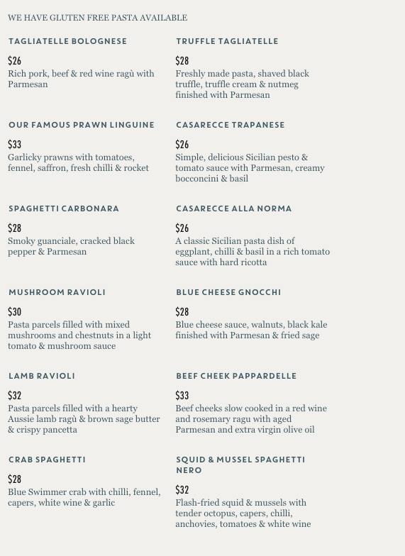 Menu at Jamie's Italian restaurant, Perth, 140 William St