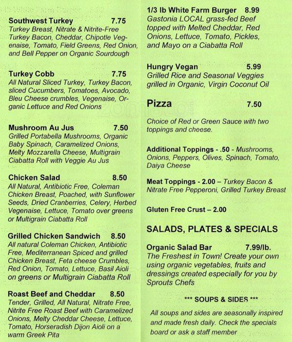 Menu at Sprouts Cafe, Gastonia