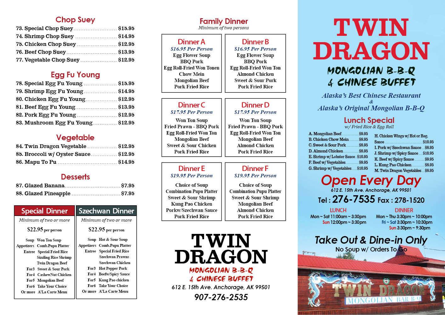 Menu at Twin Dragon Mongolian BarBQ, Anchorage