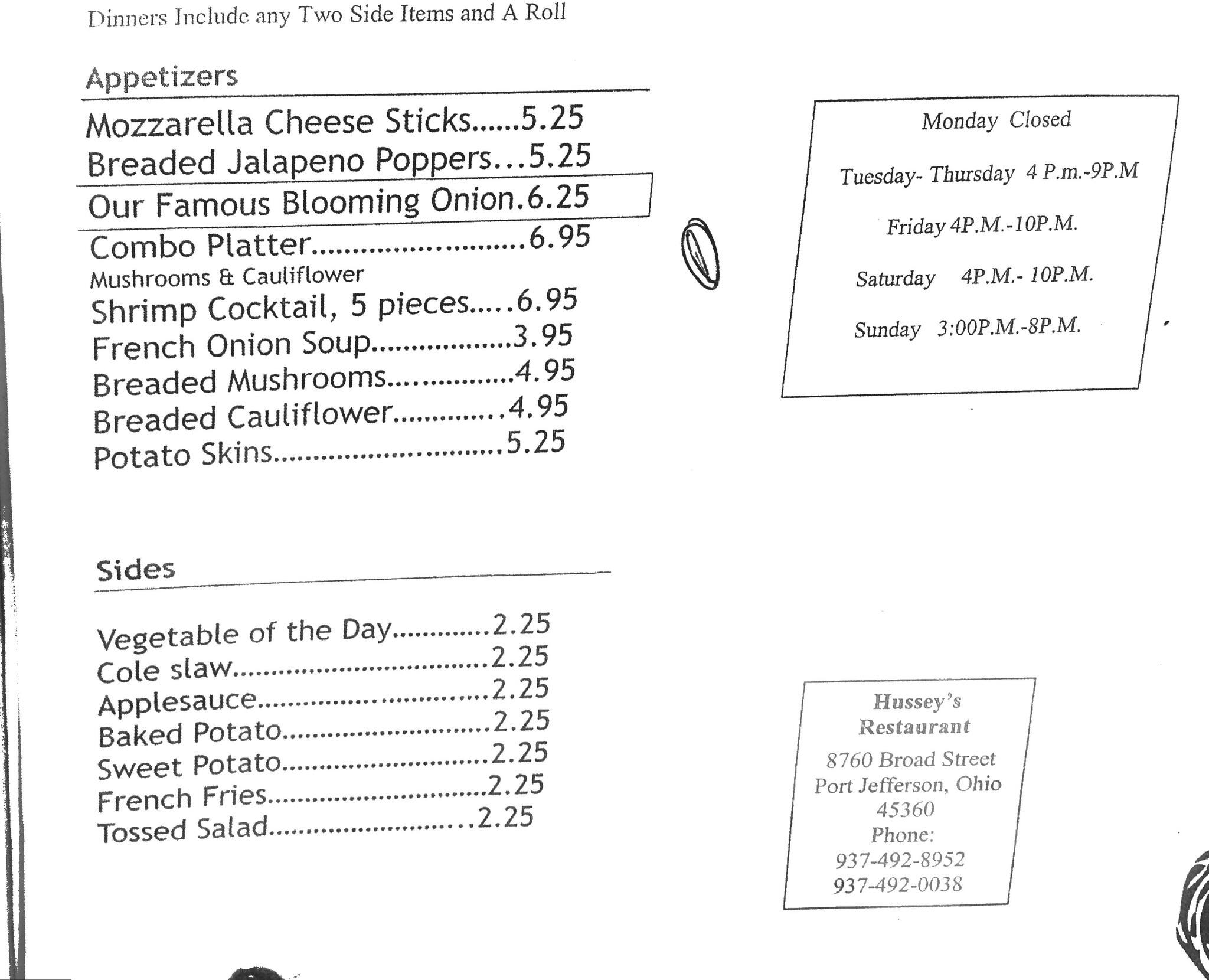 Menu at Hussey's Restaurant, Port Jefferson