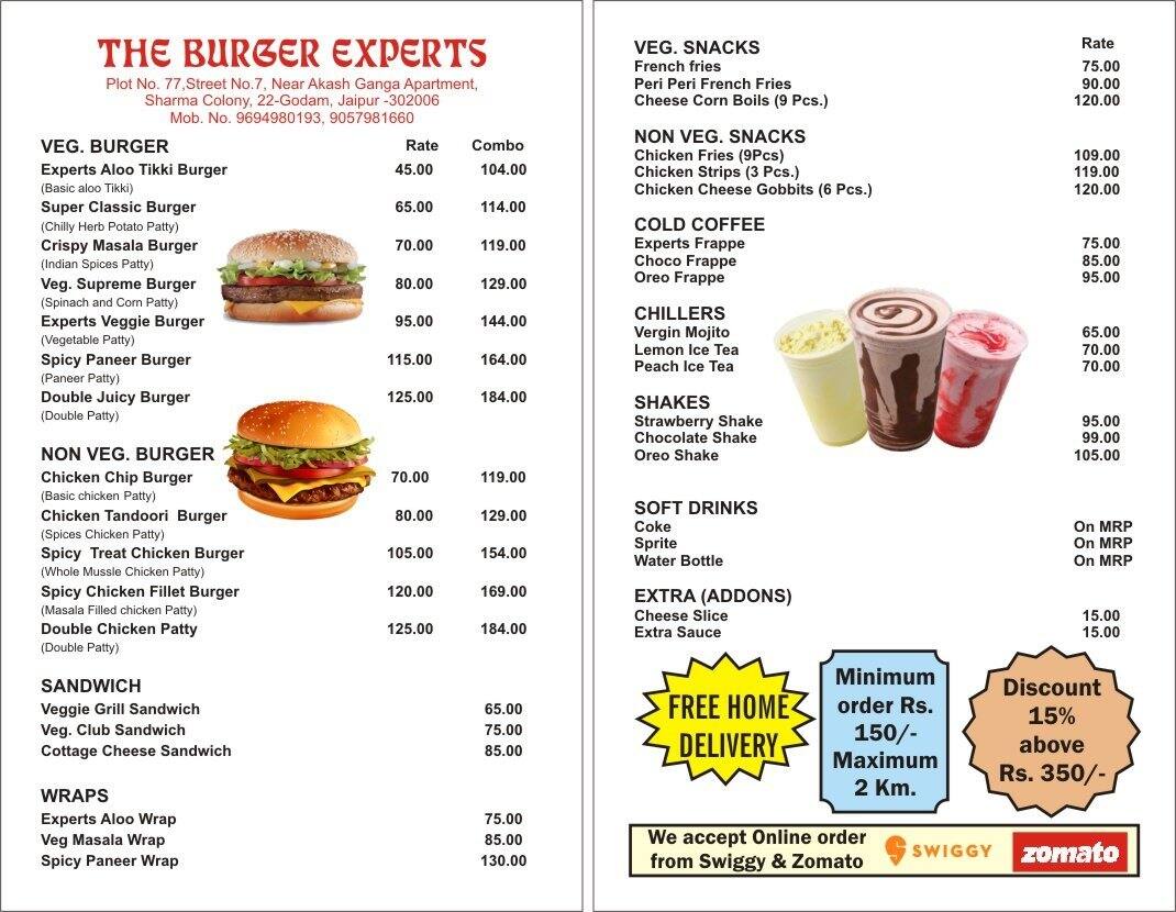 The Burger experts menu