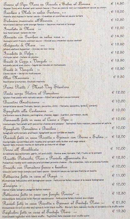 Menu at Ristorante Passetto, Rome, Via Giuseppe Zanardelli