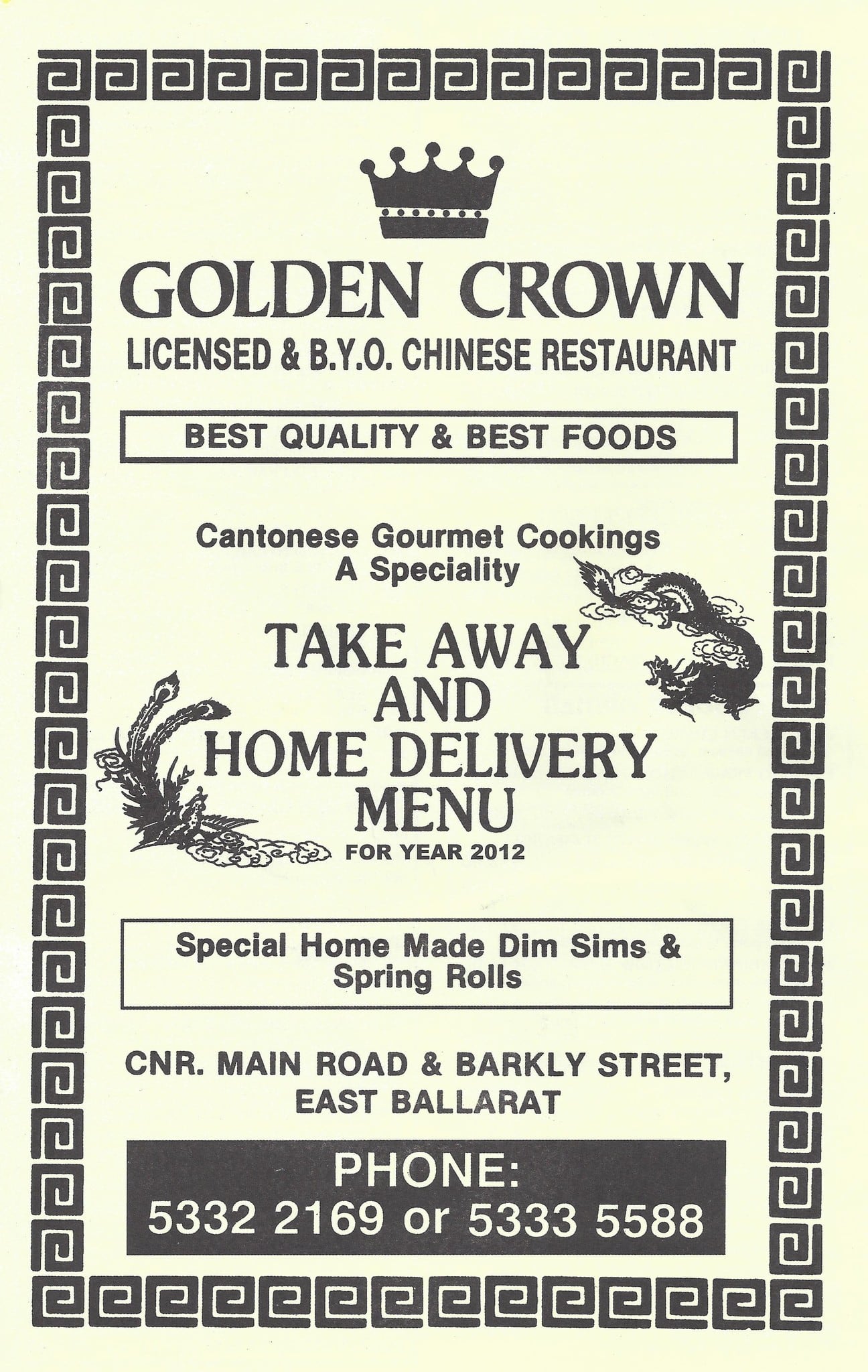 Golden Crown Menu, Menu for Golden Crown, Ballarat East, Ballarat East