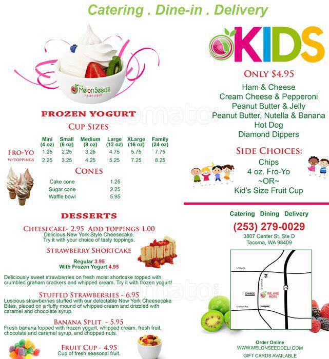 Menu at Melon Seed Deli & Frozen Yogurt restaurant,