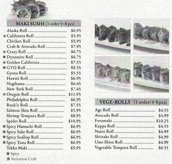 Menu at Satsuma Sushi restaurant, Mountain View