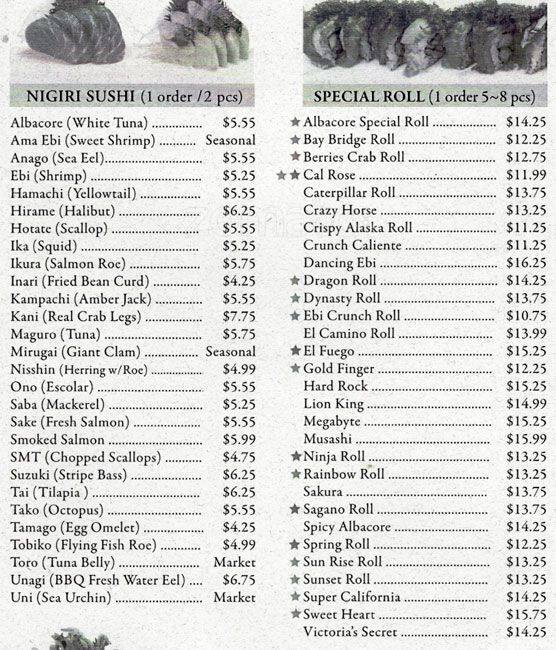 Menu at Satsuma Sushi restaurant, Mountain View