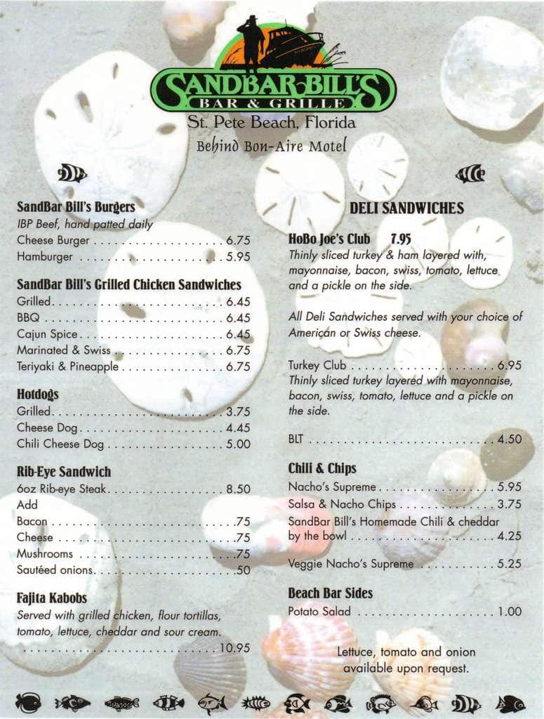 Menu at Sandbar Bill's Bar and Grille, Saint Pete Beach