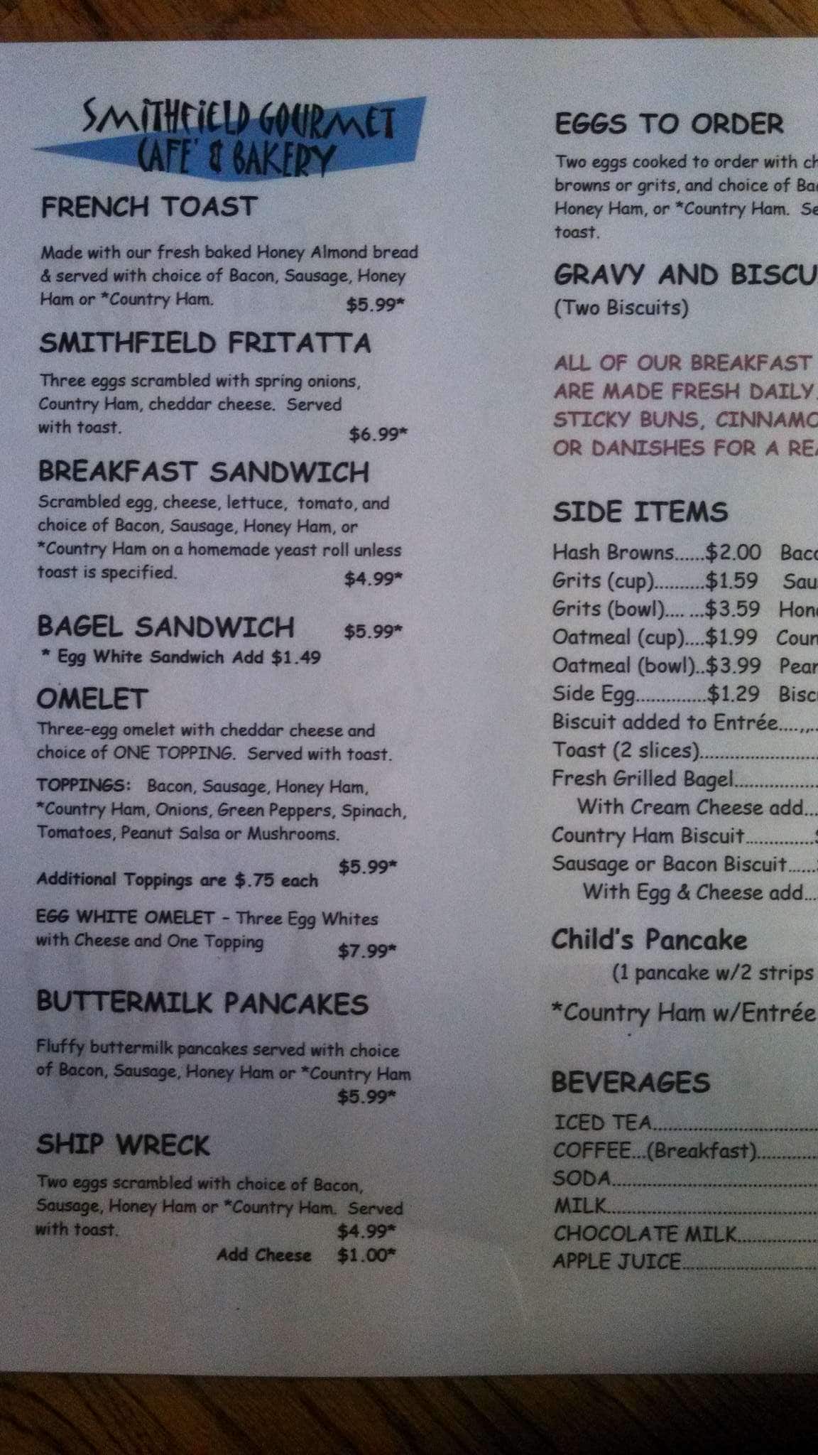 Menu at Smithfield Gourmet Bakery and Cafe, Smithfield