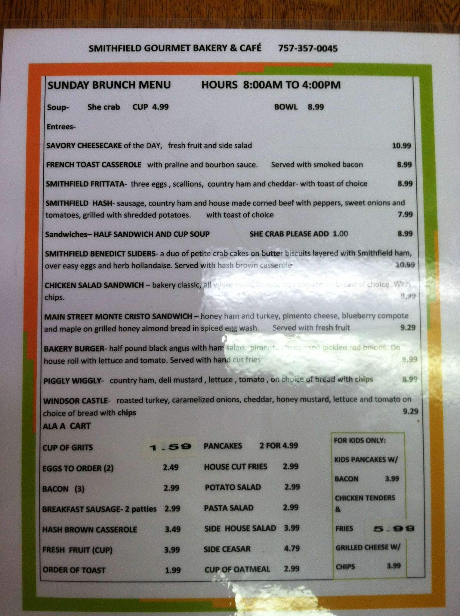 Menu at Smithfield Gourmet Bakery and Cafe, Smithfield