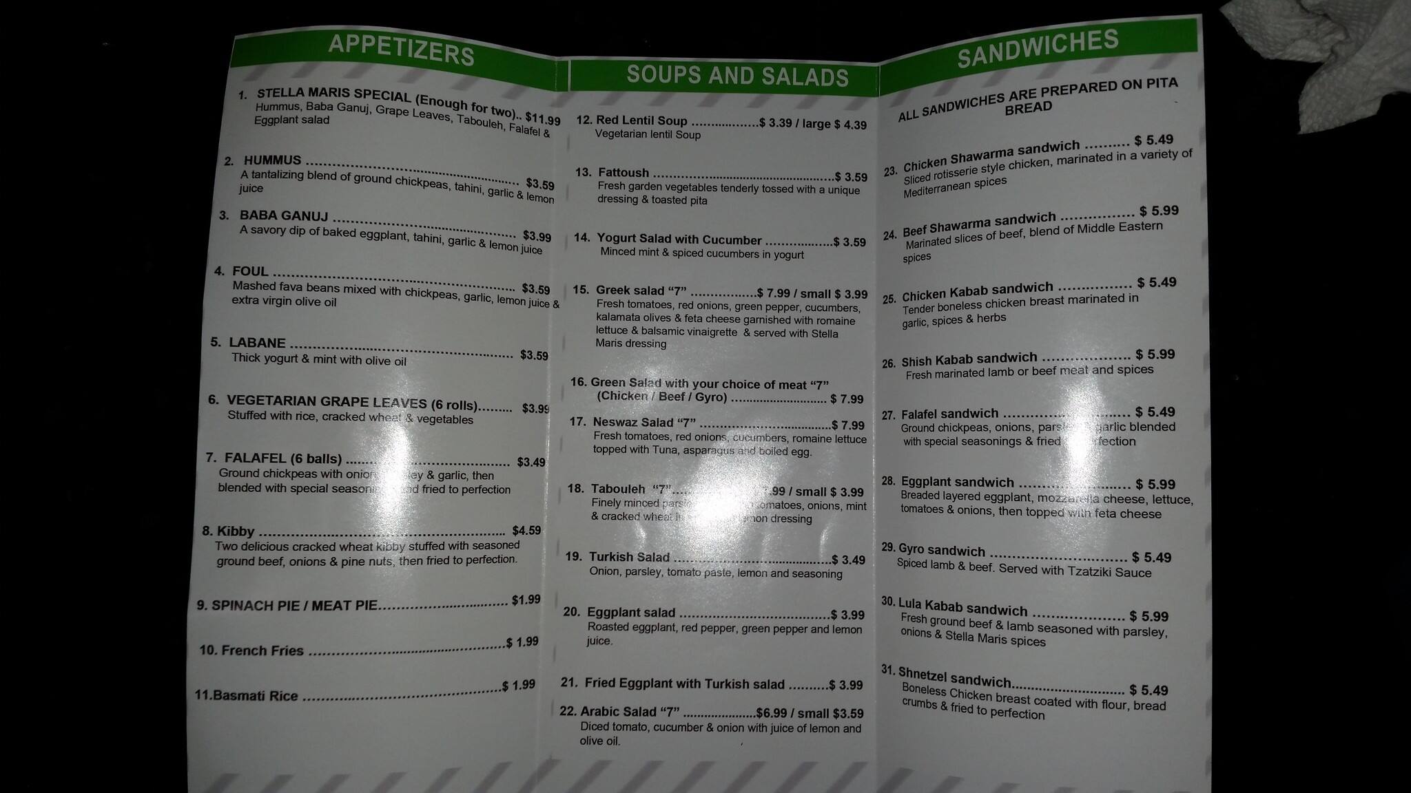 Menu at Stella Maris Cafe, Arabi