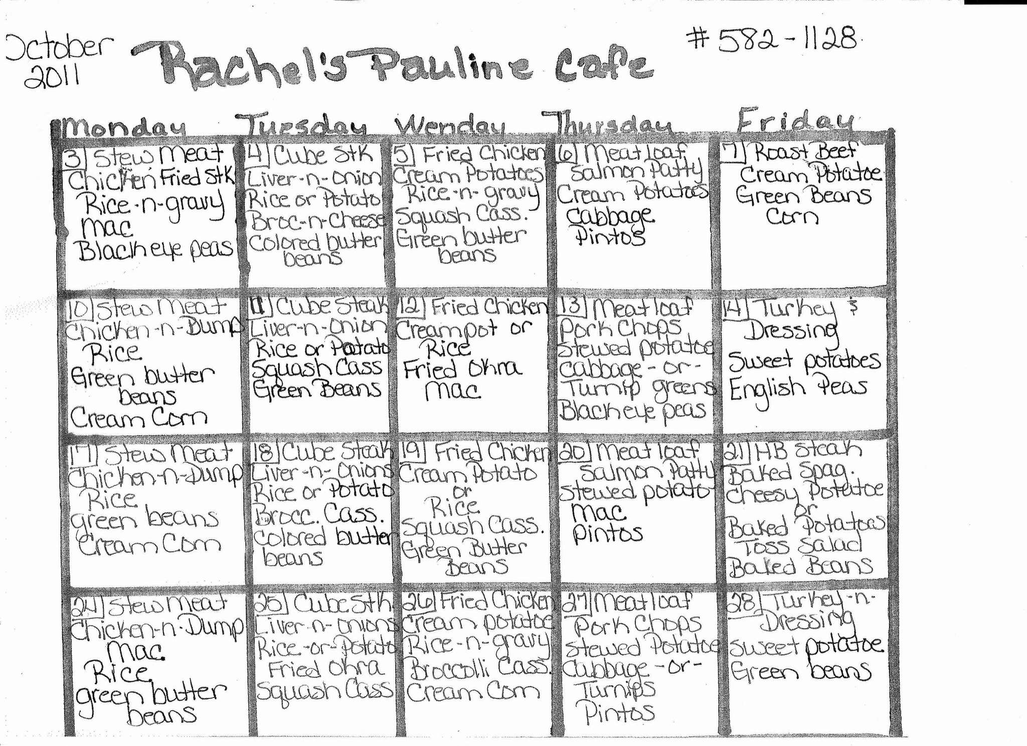 Menu at Rachel's Pauline Cafe, Pauline