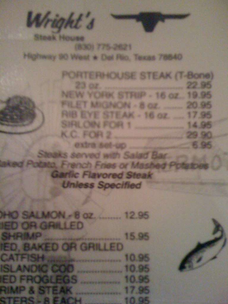 Carta de Wright's Steak House