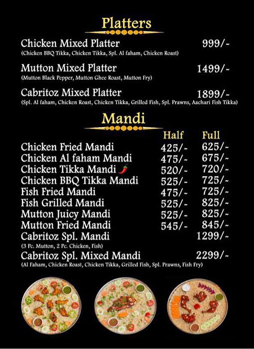 Menu of Cabritoz, Maharani Peta, Vizag