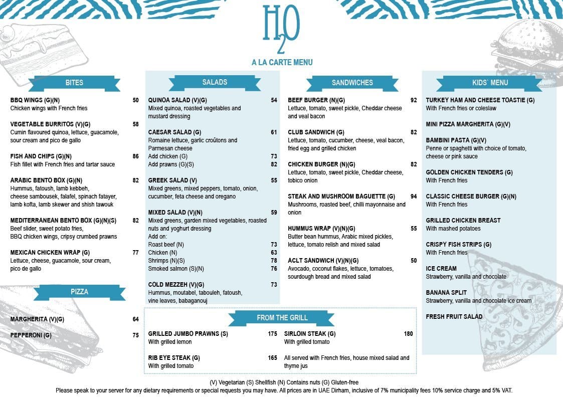 H2O Pool Bar Hilton Dubai Jumeirah Menu Zomato