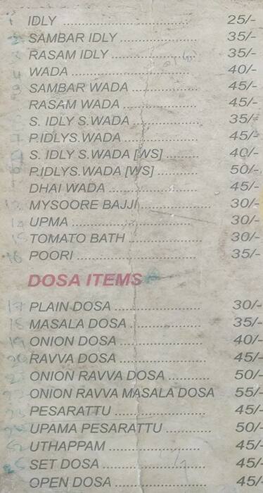 Sri Sai Raghavendra Tiffins, Uppal Menu