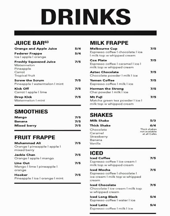 Menu at Cafe 63, Redcliffe, 185 Redcliffe Parade