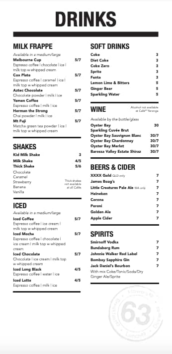 Menu at Cafe 63, Redcliffe, 185 Redcliffe Parade