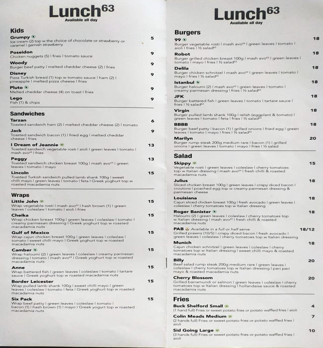 Menu at Cafe 63, Redcliffe, 185 Redcliffe Parade