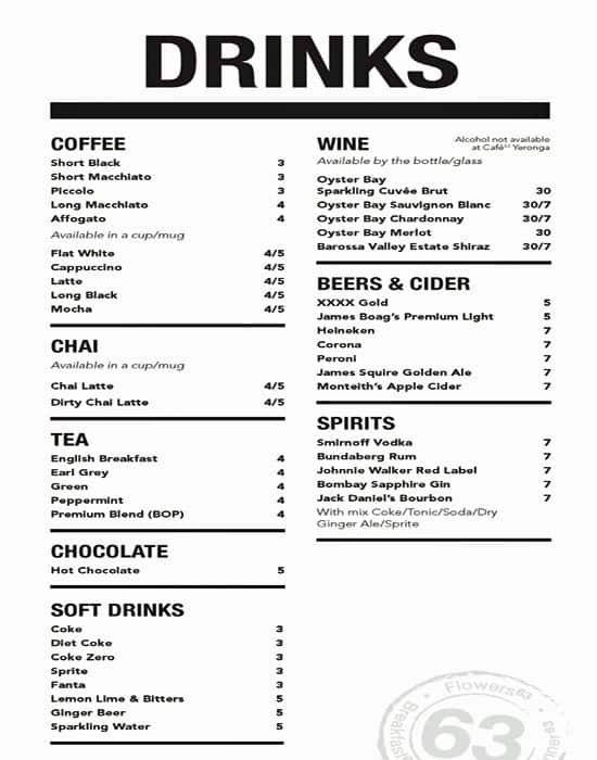 Menu at Cafe 63, Redcliffe, 185 Redcliffe Parade