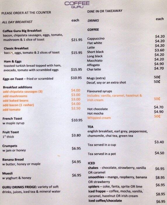 Coffee Guru Menu, Menu for Coffee Guru, Brisbane CBD, Brisbane