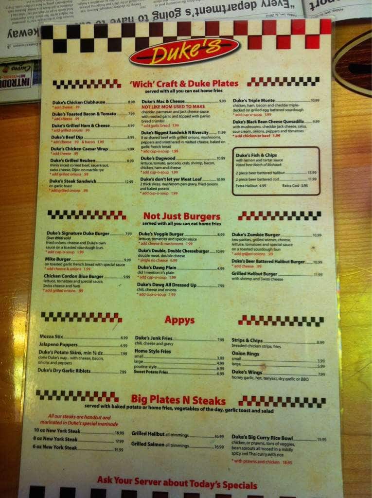 Menu at Duke's restaurant, Campbell River