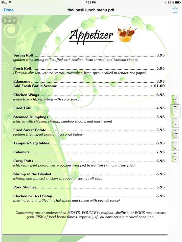Thai Basil menu, Menu restauracji Thai Basil, Wellington, Miami