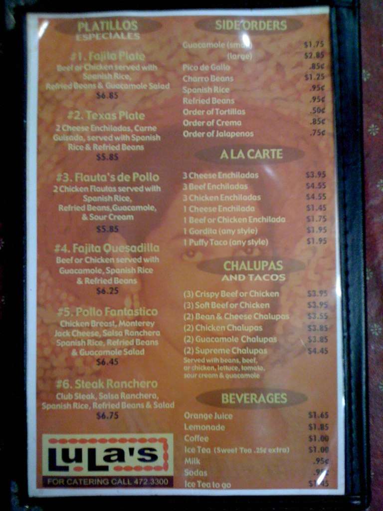 Menu at Lula's Mexican Cafe, San Antonio, 115 E Travis St 104