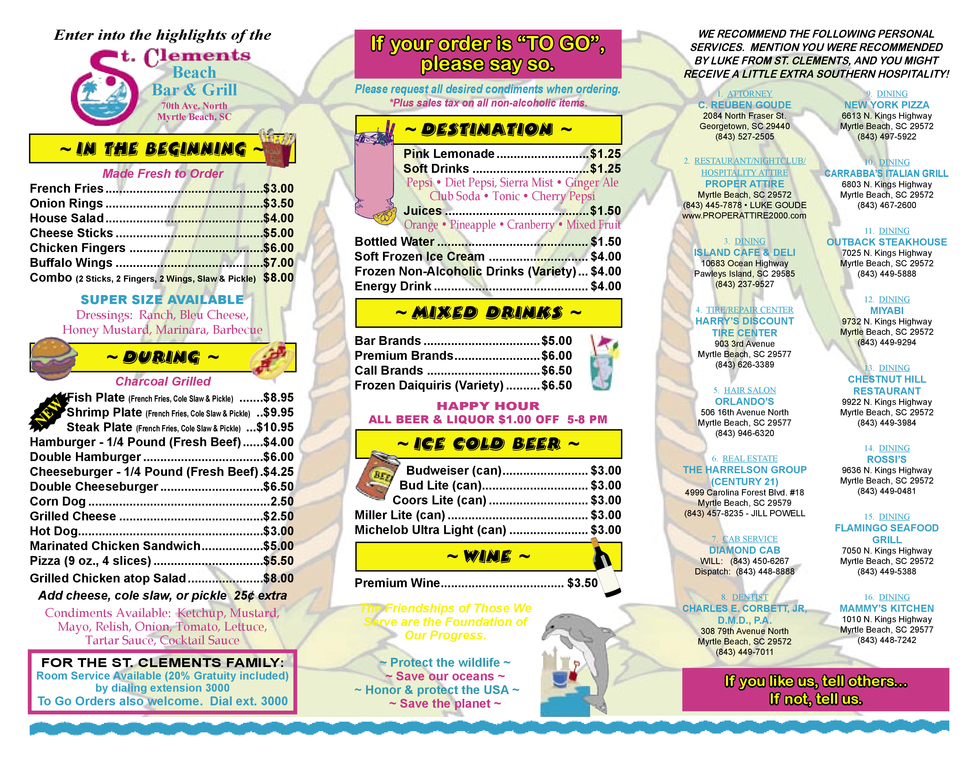 Menu at St Clements Beach Bar & Grill, Myrtle Beach