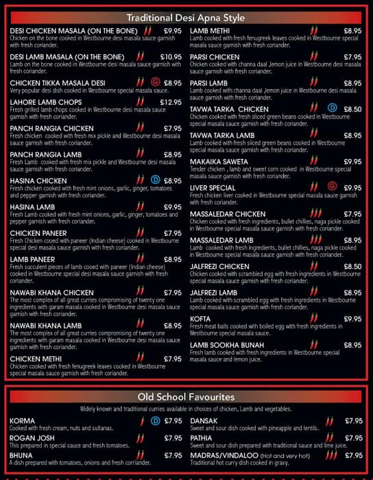 Menu at Westbourne Spice restaurant, Otley
