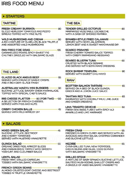 Iris Yas Island Menu, Menu for Iris Yas Island, Yas Island, Abu Dhabi