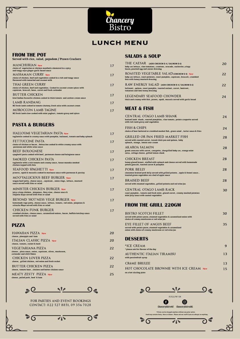 Chancery Bistro Menu Menu For Chancery Bistro Chancery Auckland