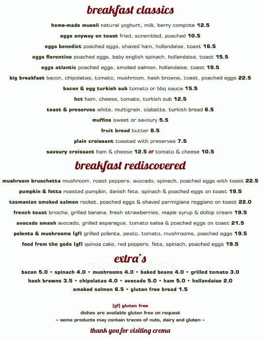 Crema Cafe Menu, Menu for Crema Cafe, West Perth, Perth Urbanspoon/Zomato