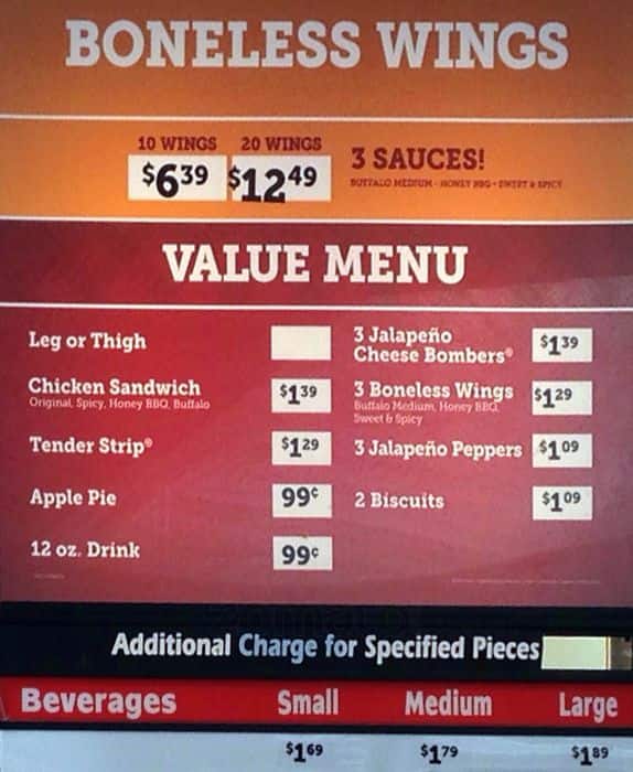 Menu at Church's Chicken fast food, Dallas, Gaston Ave