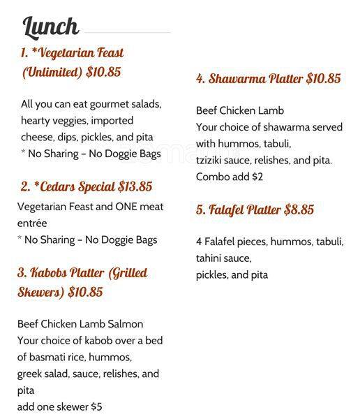 Cedar's Mediterranean Mezza & Grill Menu Urbanspoon/Zomato